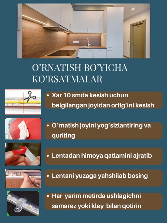 Ish joyini yoritish uchun oshxona yoritgichlari, yopishqoq, yorug‘lik diodli, 220 volt