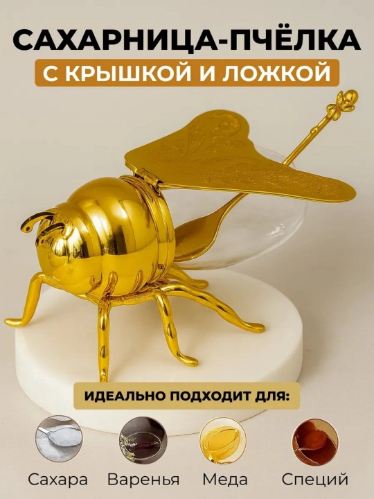 Стеклянная форма пчелы для меда, сахара, рафинада, варенья и кофе - 