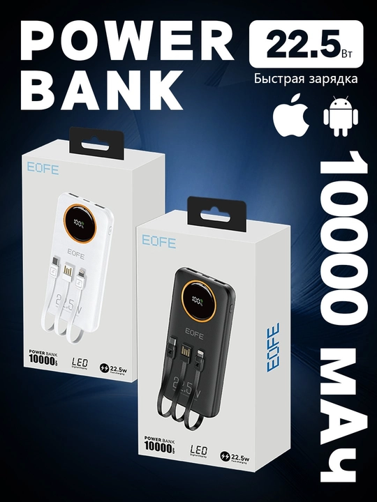 Power Bank 20000 мА·ч, быстрая зарядка, LED-индикатор, защита от перегрева