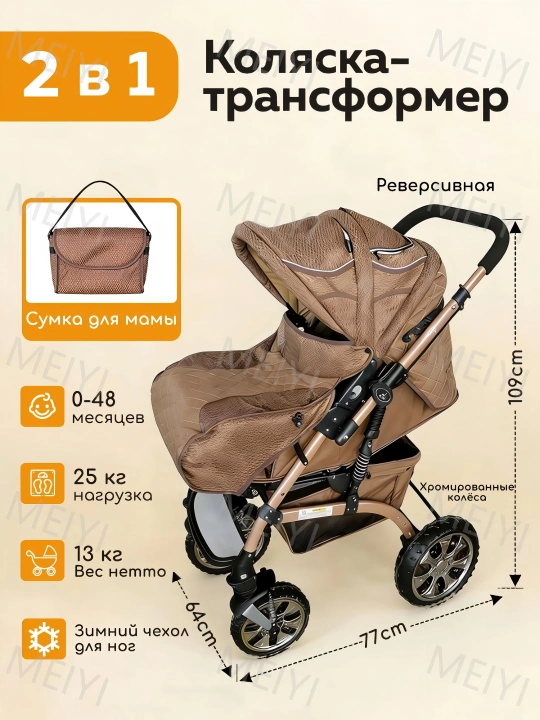 Складная коляска 2 в 1 с теплыми чехлами для ног и рюкзаком - 