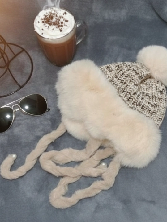 Ayollar qishki mo'ynali telpag (ushanka), pomponli, och jigarrang