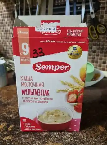 Sutli bo'tqa ko'p donli Semper, qulupnay bo'laklari, olma va banan, quruq, 9 m +, 180 g