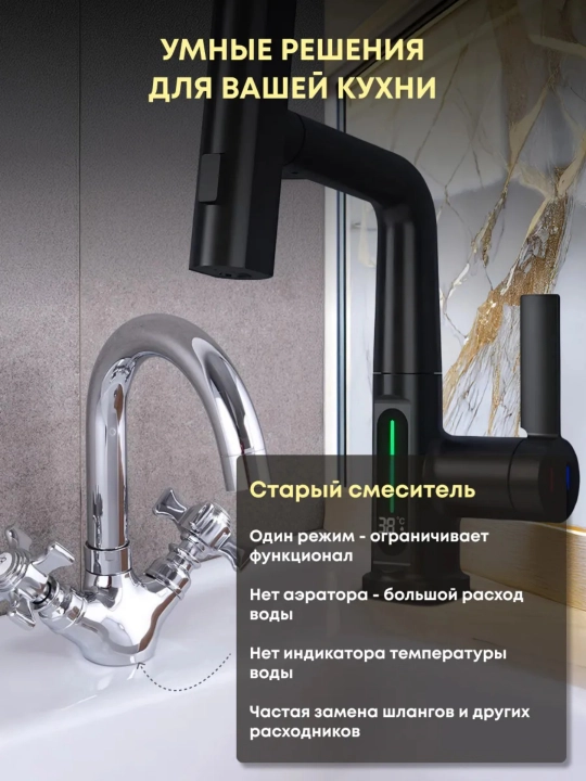 Смеситель 4-в-1 с выдвижным изливом, для кухни и ванной, с LED дисплеем