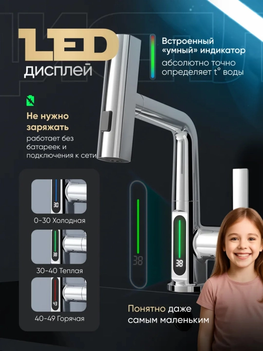 Смеситель 4-в-1 с выдвижным изливом, для кухни и ванной, с LED дисплеем