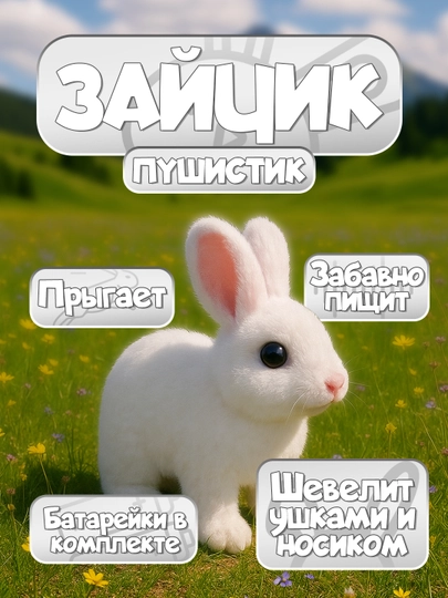 Развивающая игрушка-кролик, мягкая игрушка, прыгает и пищит. Размеры 18*17 см — KDSMRTU-QUYONCHA-БЕЛЫЙ