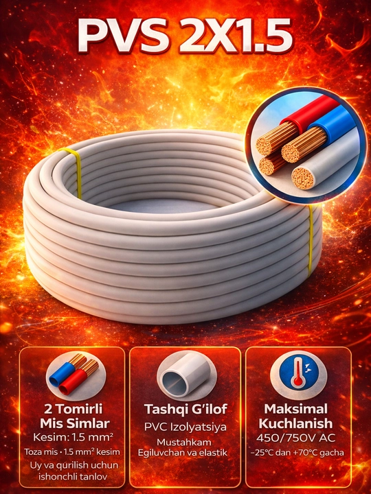 Elektr kabel PVS, 2x1.5, oq rang - 