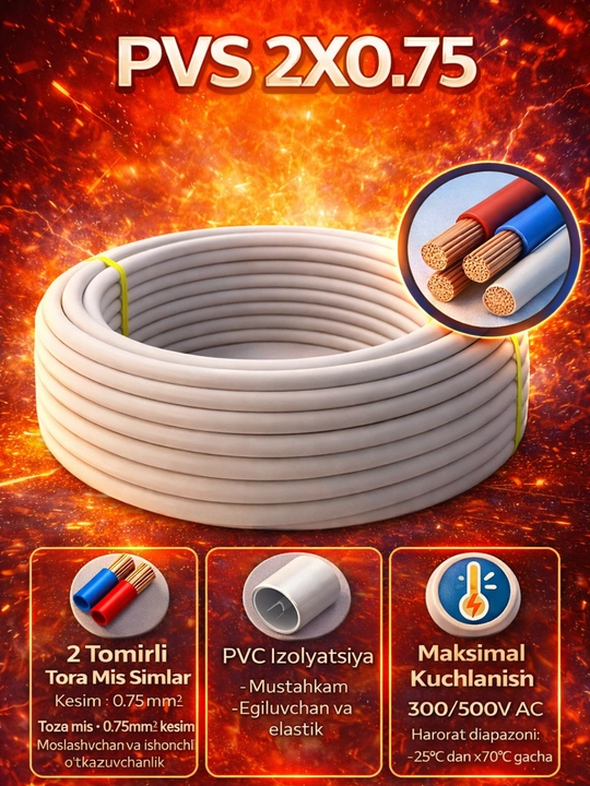 PVS ANDIJON 2x0.75 Elektr Kabel (Oq rang) - 
