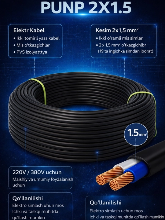 PUNP 2x1.5 qora kabel Uzkabel - 