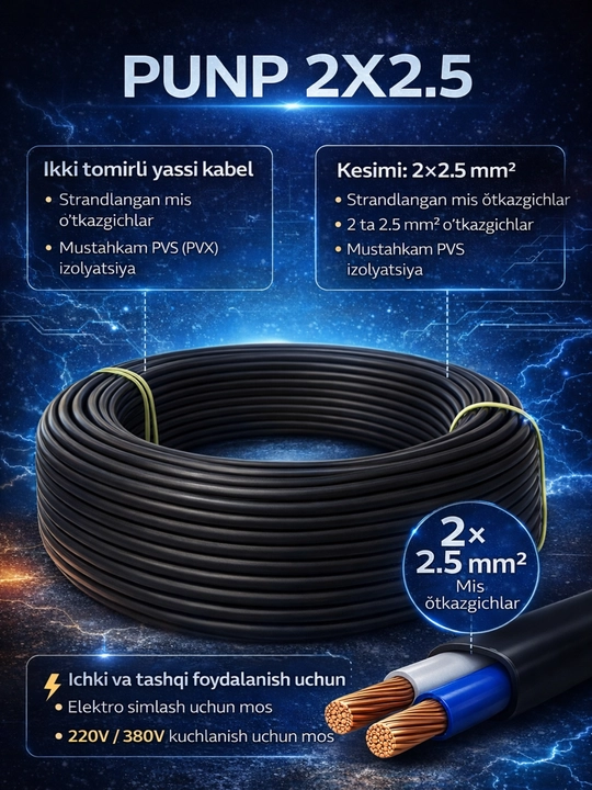 Чёрный электрический кабель PUNP — 2X2.5 UZKABEL - 