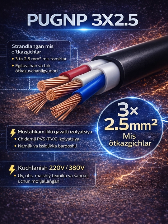 Qora Elektr Kabel PUGNP 3x2.5 — UZKABEL