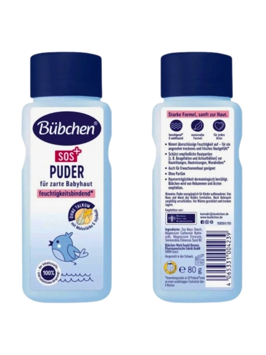 Bubchen SOS+ детская присыпка, 0+, без талька, кукурузный крахмал, 80 г