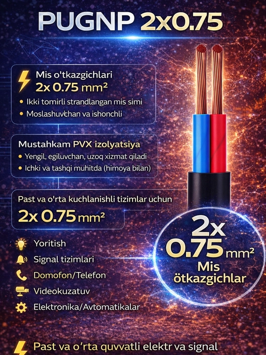 Qora elektr kabel — UZKABEL PUGNP 2x0.75 - 