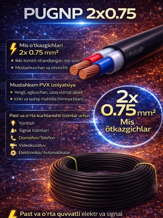 Черный электрический кабель — UZKABEL  PUGNP 2x0.75