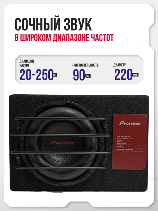 Sabvufer faol Pioneer TS-250 PRO, 4800W o'rnatilgan zavod kuchaytirgich va qutisi bilan