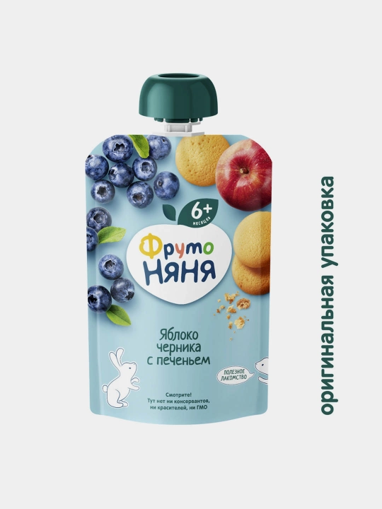 Пюре фруктовое ФрутоНяня яблоко-черника с печеньем 90 г пауч 12 шт