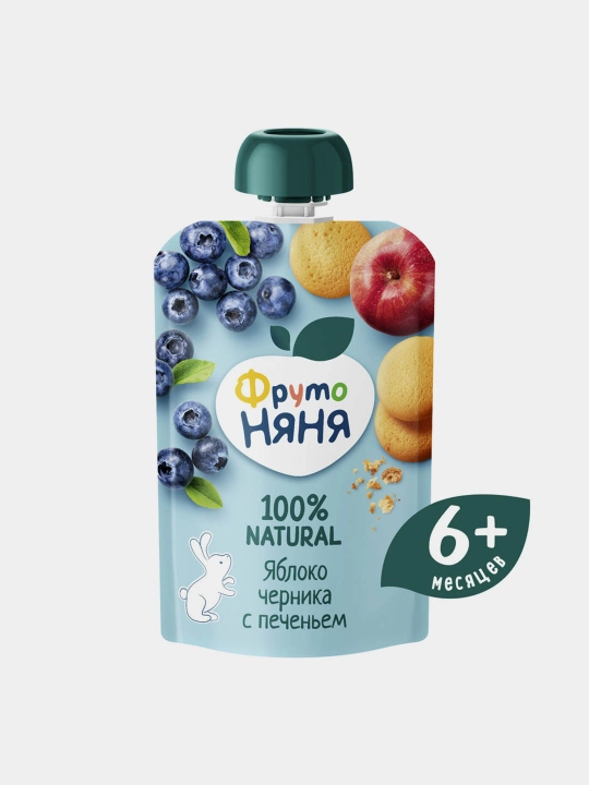 Пюре фруктовое ФрутоНяня яблоко-черника с печеньем 90 г пауч 12 шт