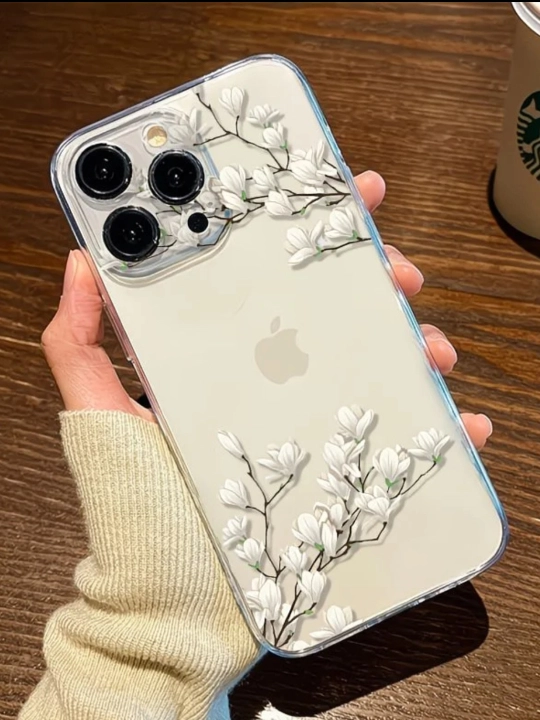 Прозрачный чехол с белыми цветами для iPhone - 