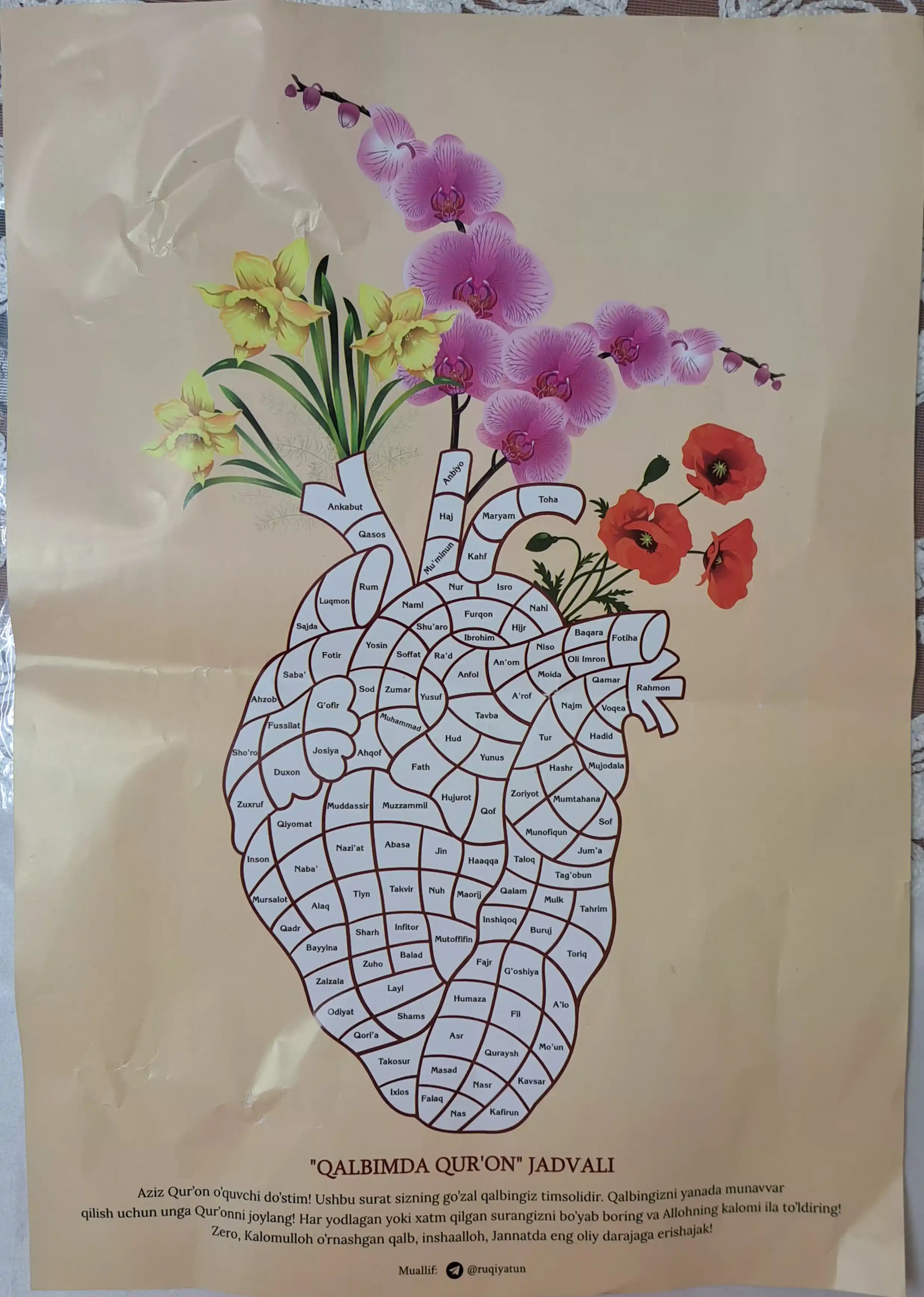 A3 formatdagi Qalbimdagi Qur’on jadvali