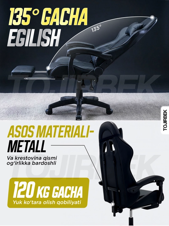Gaming kreslo TOJIRBEK, kompyuter va ofis uchun, oyoq qo'ygichli o'rindiq