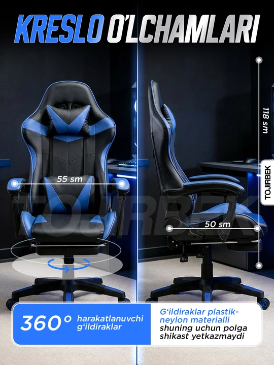 Gaming kreslo TOJIRBEK, kompyuter va ofis uchun, oyoq qo'ygichli o'rindiq