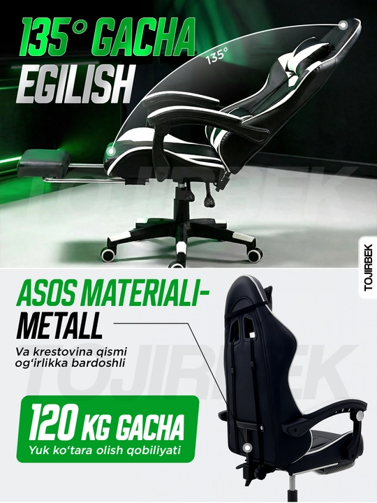 Gaming kreslo TOJIRBEK, kompyuter va ofis uchun, oyoq qo'ygichli o'rindiq