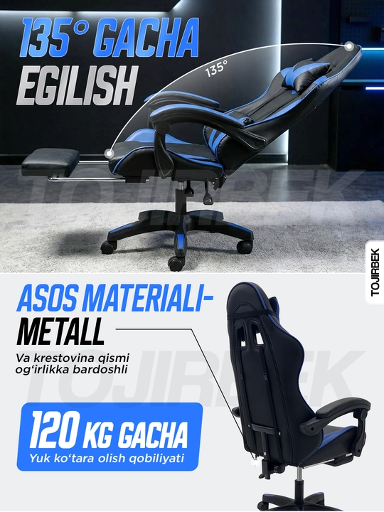 Gaming kreslo TOJIRBEK, kompyuter va ofis uchun, oyoq qo'ygichli o'rindiq