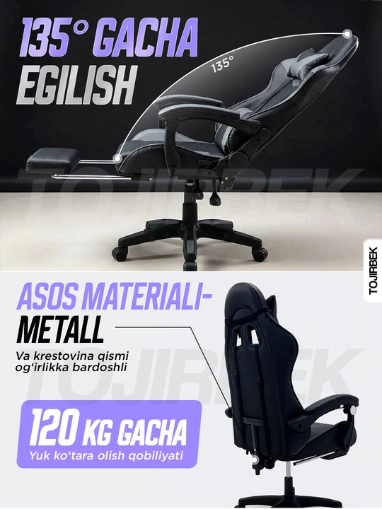 Gaming kreslo TOJIRBEK, kompyuter va ofis uchun, oyoq qo'ygichli o'rindiq