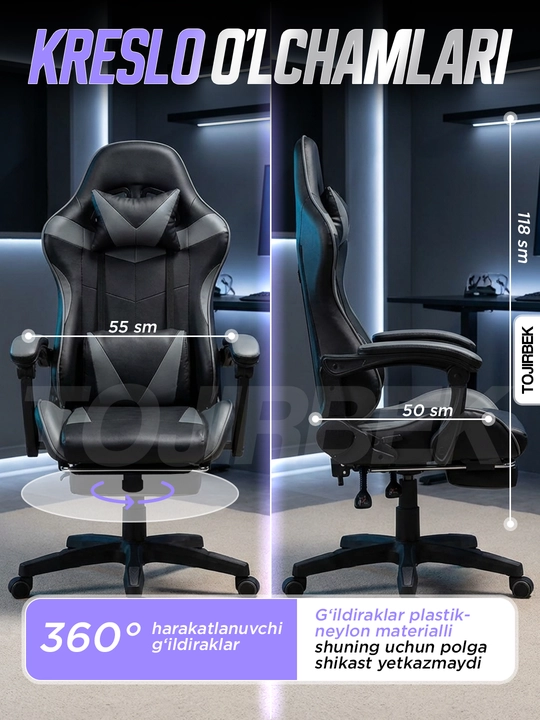 Gaming kreslo TOJIRBEK, kompyuter va ofis uchun, oyoq qo'ygichli o'rindiq