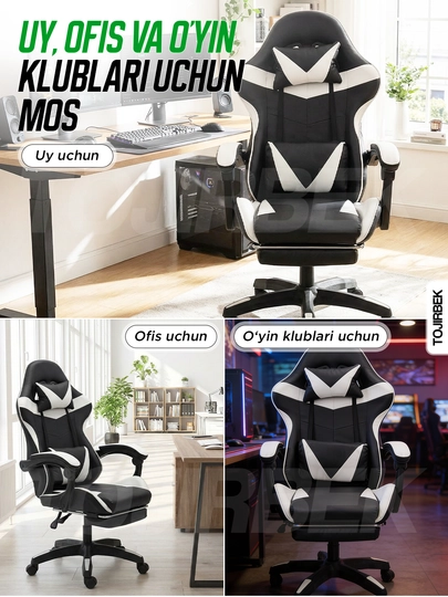 Gaming kreslo TOJIRBEK, kompyuter va ofis uchun, oyoq qo'ygichli o'rindiq