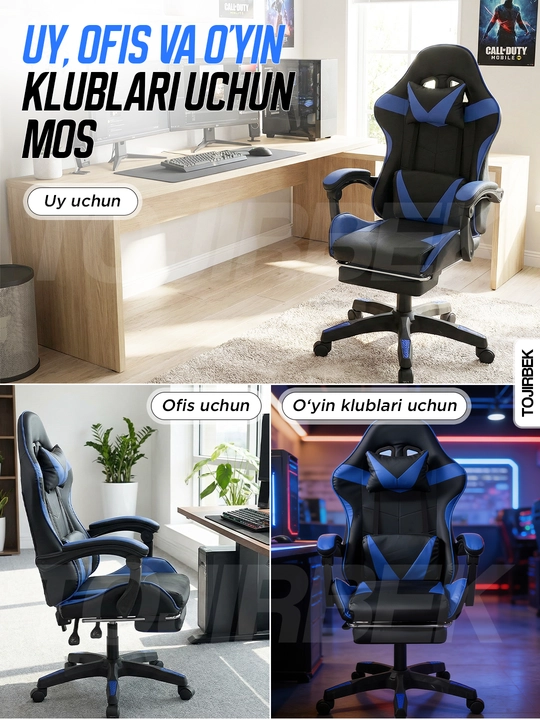 Gaming kreslo TOJIRBEK, kompyuter va ofis uchun, oyoq qo'ygichli o'rindiq