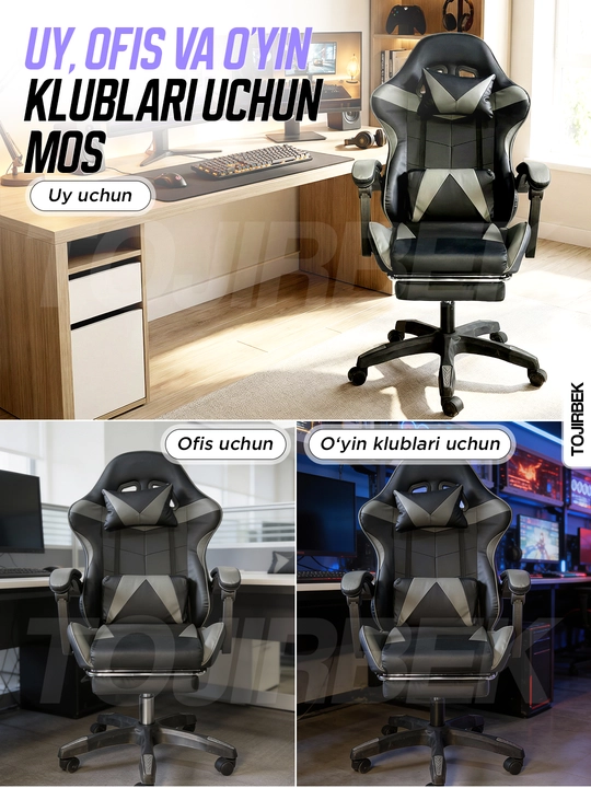 Gaming kreslo TOJIRBEK, kompyuter va ofis uchun, oyoq qo'ygichli o'rindiq