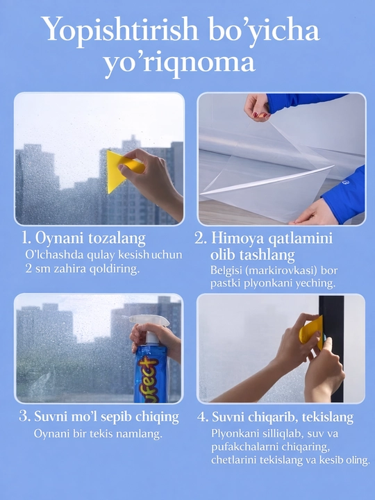 Derazalar uchun tonirovka plyonkasi, quyosh va issiqdan himoya, oson o‘rnatish