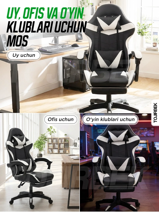 Gaming kreslo TOJIRBEK, kompyuter va ofis uchun, oyoq qo'ygichli o'rindiq