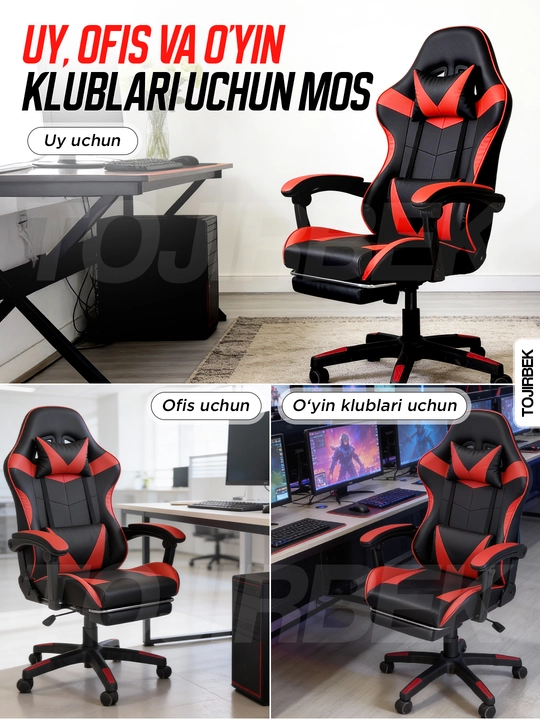 Gaming kreslo TOJIRBEK, kompyuter va ofis uchun, oyoq qo'ygichli o'rindiq