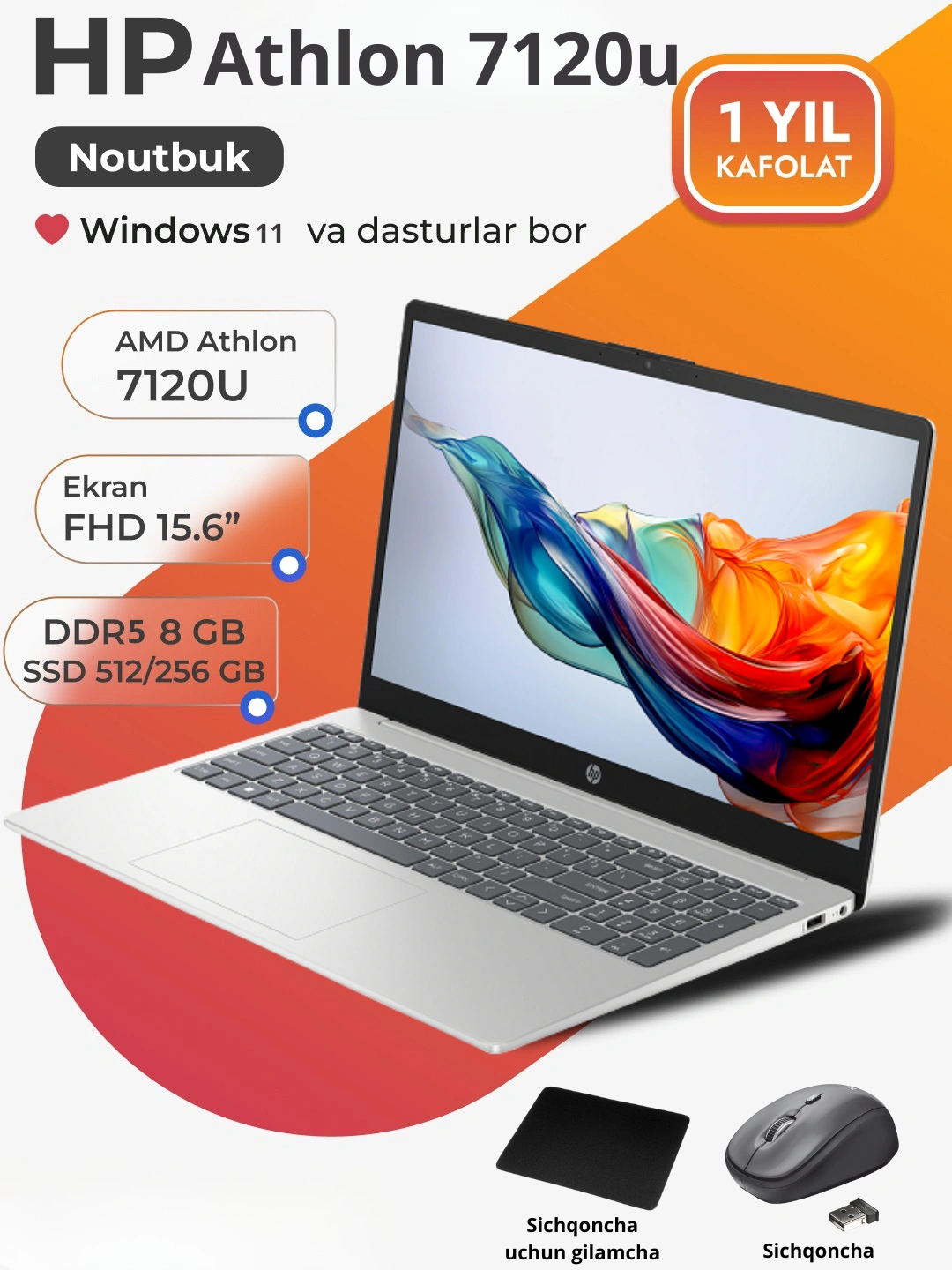 Windows 9000000 Noutbuk HP Athlon 7120U, SSD 256GB, 8GB DDR5, 15.6
