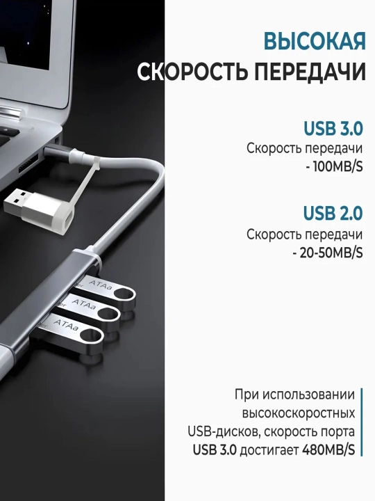 USB хаб 3.0/ USB разветвитель на 4 порта/ USB концентратор/ USB 3.0 Hub переходник 