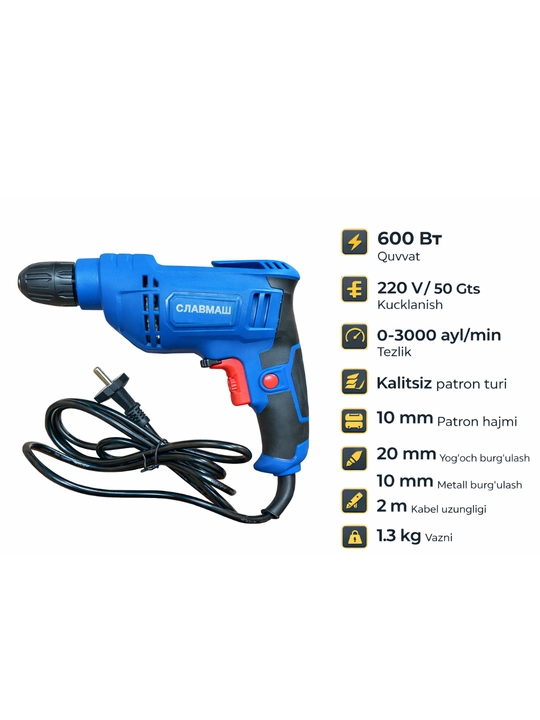 Slavmash C8811 Elektr Simli Burama Drel – 600 Vt, 10 mm, professional burg‘ulash qurilmasi
