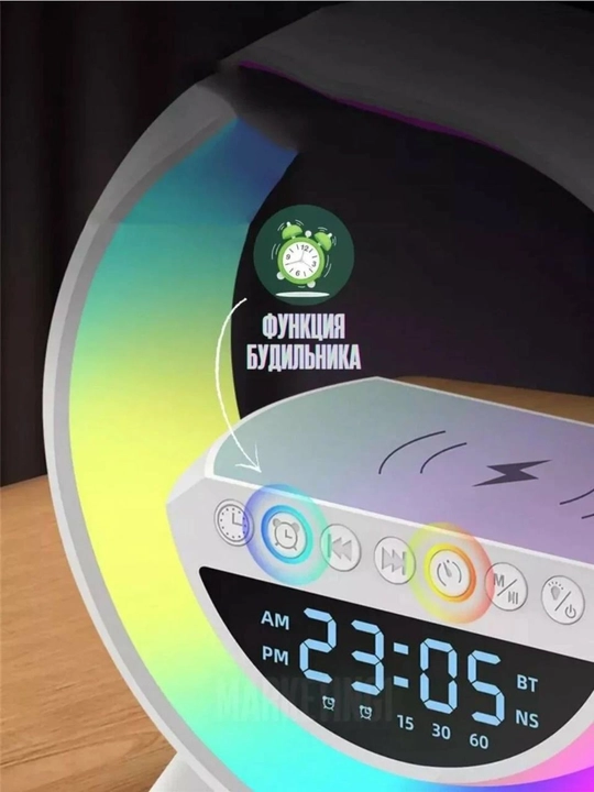 LED simsiz zaryadlovchi Bluetooth kolonka – soat va budilnikli RGB lampa