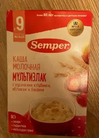 Sutli bo'tqa ko'p donli Semper, qulupnay bo'laklari, olma va banan, quruq, 9 m +, 180 g