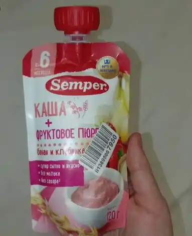Semper meva va don pyuresi, banan va qulupnay bo'tqa bilan, 6 oydan boshlab, 120 g