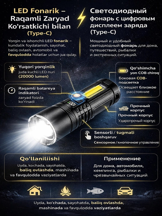 LED Fonarik – Raqamli Zaryad Ko‘rsatkichi bilan (Type-C)