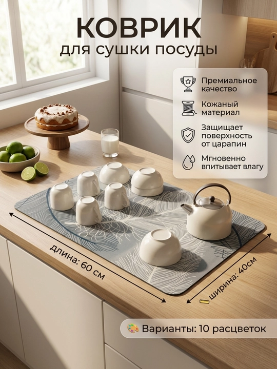Коврик для сушки посуды, впитывающий, противоскользящий, нано-коврик для кухни - 