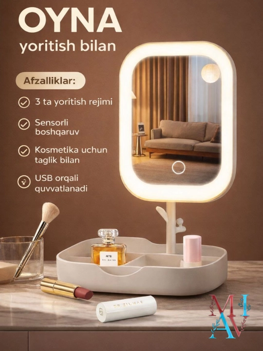 LED sensorli kosmetik oyna – 3 xil yoritish rejimi, sensorli boshqaruv va USB orqali