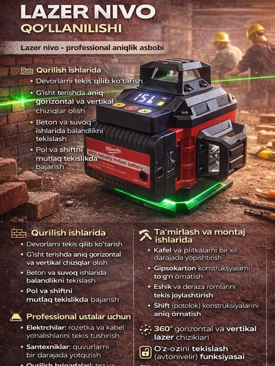 Professional 360° Yashil Lazer Nivo – 8.4V Lityum Batareyali