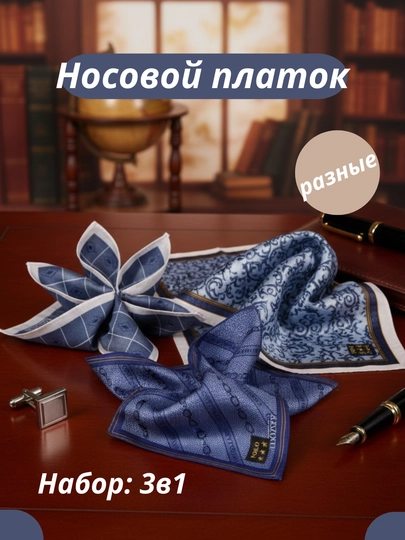 Набор мужских носовых платков, 3 в 1, разные цвета, 100% хлопок 39x39 см — MOODERA-ROMOLCHALAR-СИНИЙ