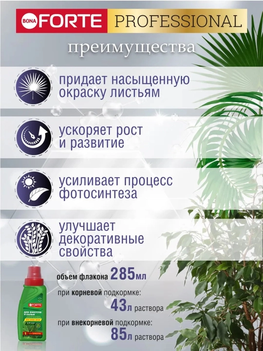 Fikus va palmalar uchun o‘g‘it Bona Forte  «Go‘zallik» seriyasi, 285 ml