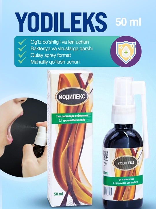 Yodileks antiseptik sprey, povidon-yod 3%, og‘iz bo‘shlig‘i va teri uchun, 50 ml - 