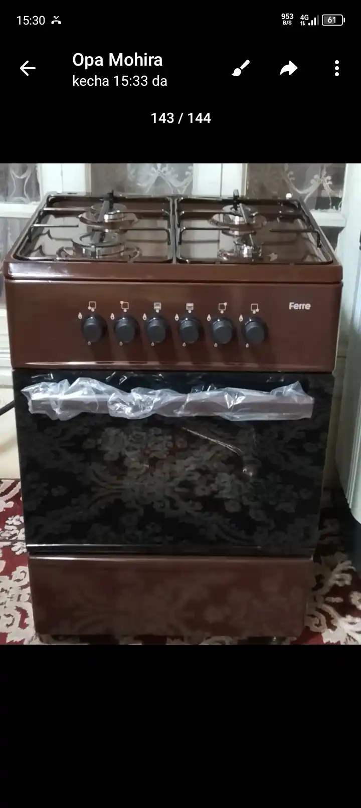 Gaz plitasi Ferre 57l, 4 gaz gorelka, temir panjara, katta hajmli duxovka