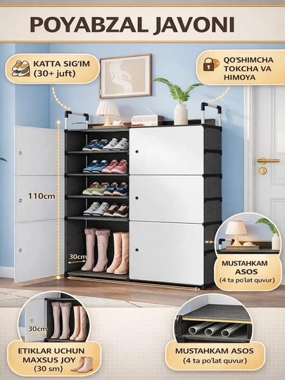 Полка для обуви 5+5-ярусная, модульный органайзер в прихожую с дверцами, 81х29х110 обувница — ZENORA-5TALIOYOKIYIM