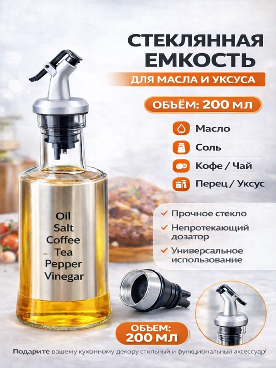 Shisha yog‘, sirka va suyuqliklar uchun dozator butilka – qulay oshxona aksessuari - 